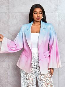 Veslaya Women Plus Size Elegant Colorful Gradient Print Flare Sleeve Ruffled Blazer Coat, Fashion Romantic High-End - Multicolor - View 7