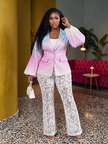 Veslaya Women Plus Size Elegant Colorful Gradient Print Flare Sleeve Ruffled Blazer Coat, Fashion Romantic High-End - Multicolor - View 1