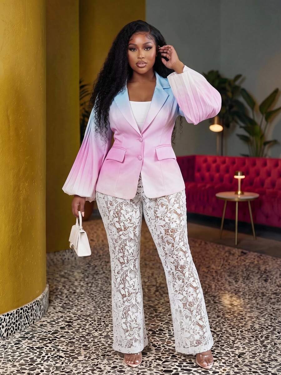 Veslaya Women Plus Size Elegant Colorful Gradient Print Flare Sleeve Ruffled Blazer Coat, Fashion Romantic High-End - Multicolor - View 1