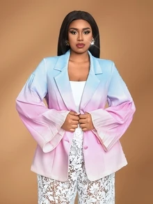 Veslaya Women Plus Size Elegant Colorful Gradient Print Flare Sleeve Ruffled Blazer Coat, Fashion Romantic High-End - Multicolor - View 8