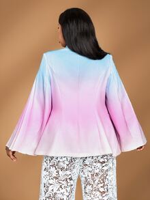 Veslaya Women Plus Size Elegant Colorful Gradient Print Flare Sleeve Ruffled Blazer Coat, Fashion Romantic High-End - Multicolor - View 2