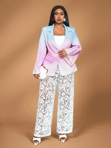 Veslaya Women Plus Size Elegant Colorful Gradient Print Flare Sleeve Ruffled Blazer Coat, Fashion Romantic High-End - Multicolor - View 9