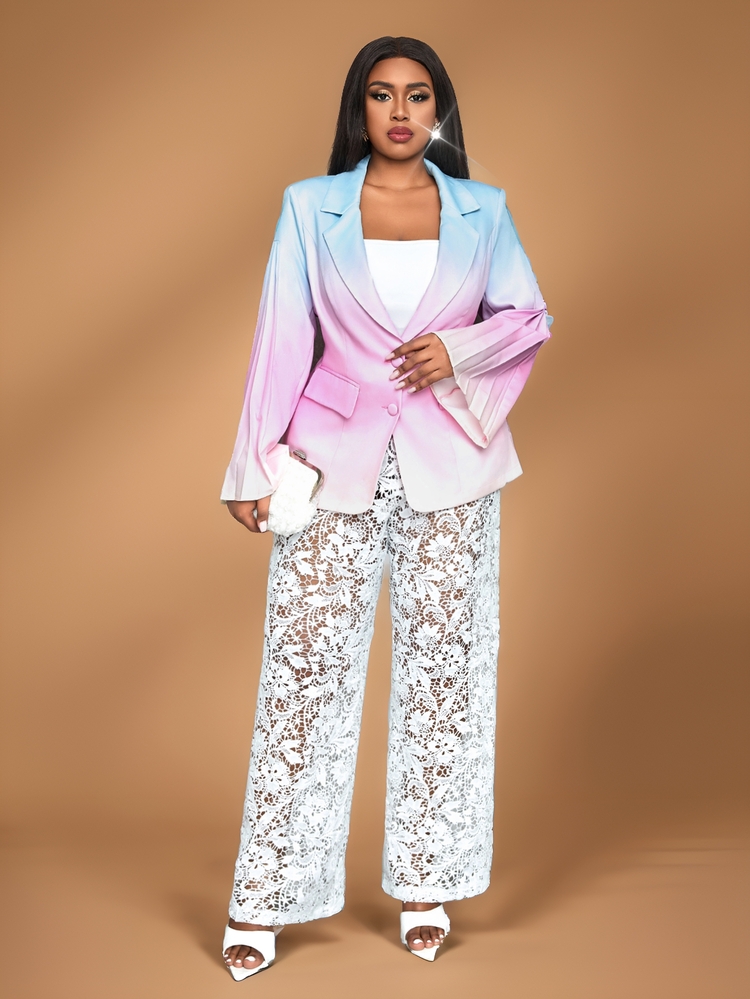 Veslaya Women Plus Size Elegant Colorful Gradient Print Flare Sleeve Ruffled Blazer Coat, Fashion Romantic High-End - Multicolor - View 9