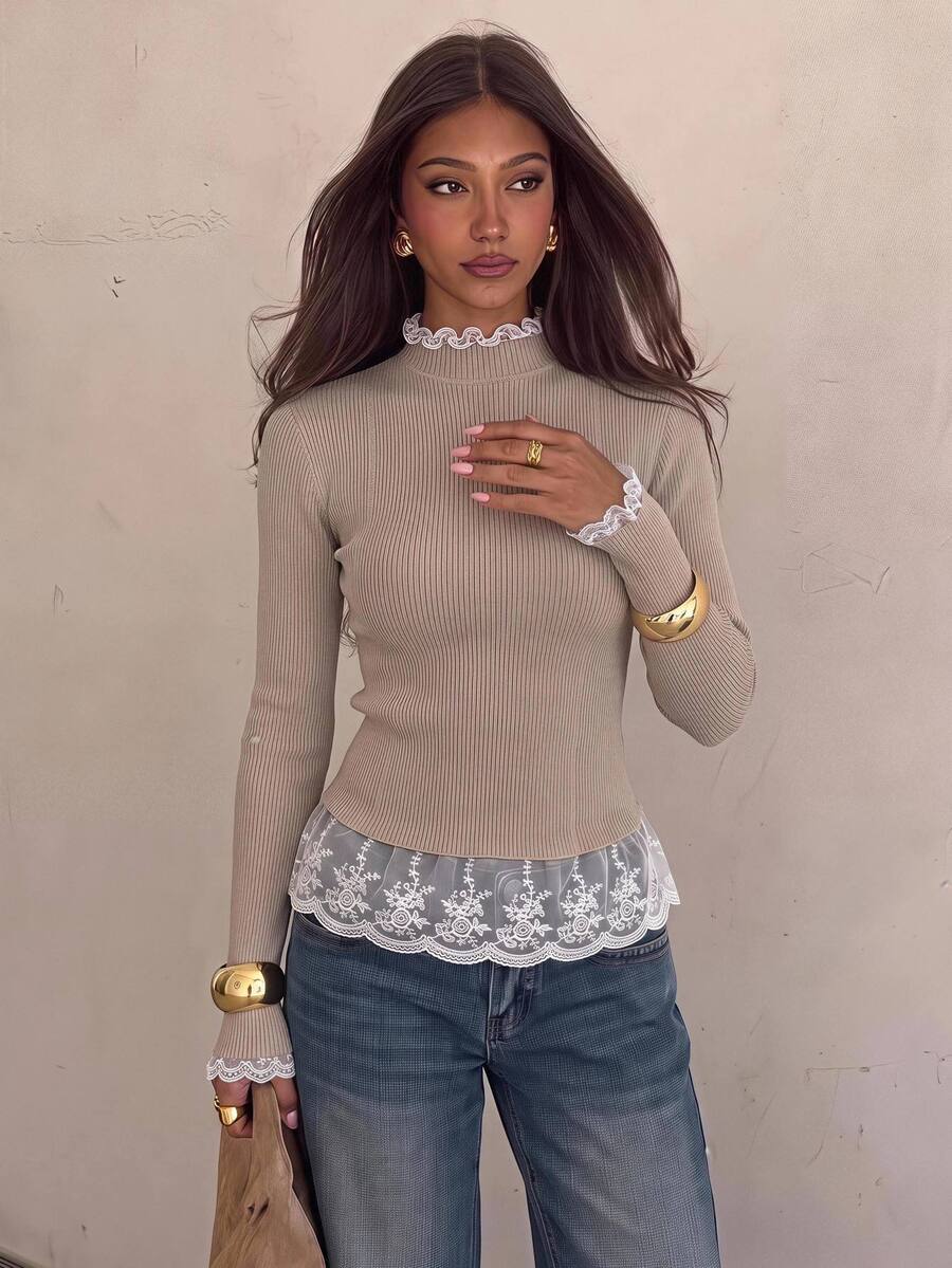 Siren Gaze كنزة نسائية جديدة للخريف/الشتاء بتصميم دانتيل مرقع وياقة واقفة - كاكي - مشاهدة 1