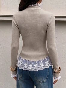 Siren Gaze Women's New Autumn/Winter Lace Patchwork Stand Collar Sweater - Khaki - View 2