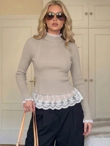 Siren Gaze Women's New Autumn/Winter Lace Patchwork Stand Collar Sweater - Khaki - View 10
