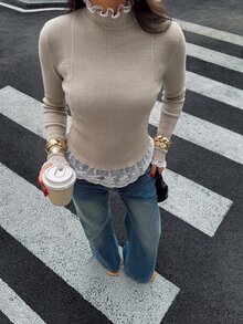 Siren Gaze Women's New Autumn/Winter Lace Patchwork Stand Collar Sweater - Khaki - View 5