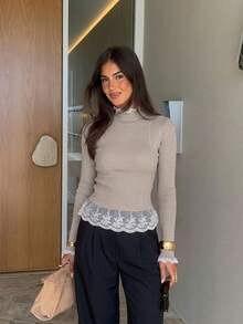 Siren Gaze Women's New Autumn/Winter Lace Patchwork Stand Collar Sweater - Khaki - View 13