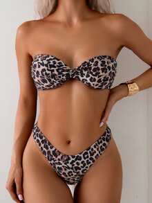 Swim Basics Women Leopard Print Resort Bandeau Two-Piece Bikini Set And Swim Bottoms Random Print Summer Beach, Bathing Suit - Multicolor - View 3