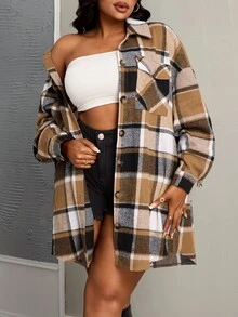 Veslaya Plus Size Casual Fashion Classic Plaid Single-Breasted Tassel Coat-Z - Coffee Brown - View 6