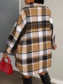 Veslaya Plus Size Casual Fashion Classic Plaid Single-Breasted Tassel Coat-Z - Coffee Brown - View 2