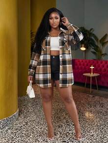 Veslaya Plus Size Casual Fashion Classic Plaid Single-Breasted Tassel Coat-Z - Coffee Brown - View 1