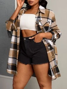 Veslaya Plus Size Casual Fashion Classic Plaid Single-Breasted Tassel Coat-Z - Coffee Brown - View 5