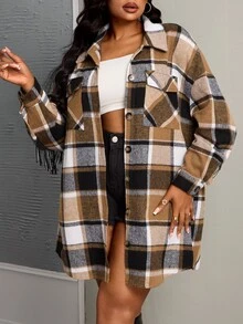 Veslaya Plus Size Casual Fashion Classic Plaid Single-Breasted Tassel Coat-Z - Coffee Brown - View 4