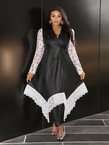 Veslaya 女士加大码时尚蕾丝拼布撞色 PU 镂空蕾丝透明夹克连衣裙外套 - 黑色 - 查看 11