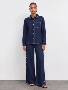 Maija Women's Button & Rivet Long Sleeve Jacket And Pocket Loose Fit Denim Pants Set - Blue - View 3