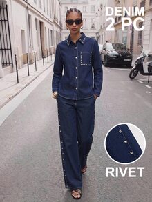 Maija Women's Button & Rivet Long Sleeve Jacket And Pocket Loose Fit Denim Pants Set - Blue - View 1