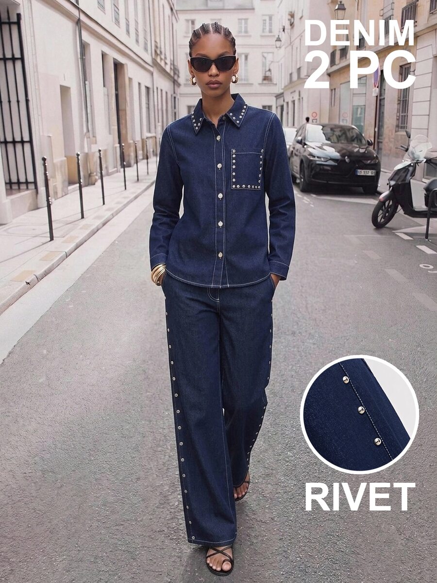 Maija Women's Button & Rivet Long Sleeve Jacket And Pocket Loose Fit Denim Pants Set - Blue - View 1