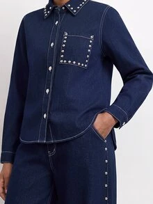 Maija Women's Button & Rivet Long Sleeve Jacket And Pocket Loose Fit Denim Pants Set - Blue - View 6