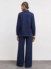 Maija Women's Button & Rivet Long Sleeve Jacket And Pocket Loose Fit Denim Pants Set - Blue - View 2