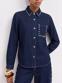 Maija Women's Button & Rivet Long Sleeve Jacket And Pocket Loose Fit Denim Pants Set - Blue - View 4