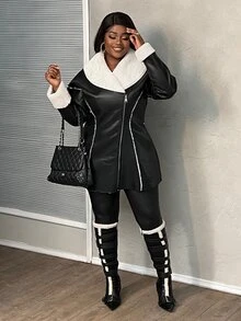 Veslaya Plus Size Black And Beige Fluffy Contrast Color Streetwear Commuter Business Jacket For Autumn/Winter - Black and White - View 5