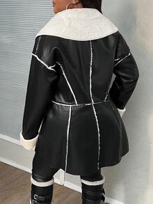 Veslaya Plus Size Black And Beige Fluffy Contrast Color Streetwear Commuter Business Jacket For Autumn/Winter - Black and White - View 2