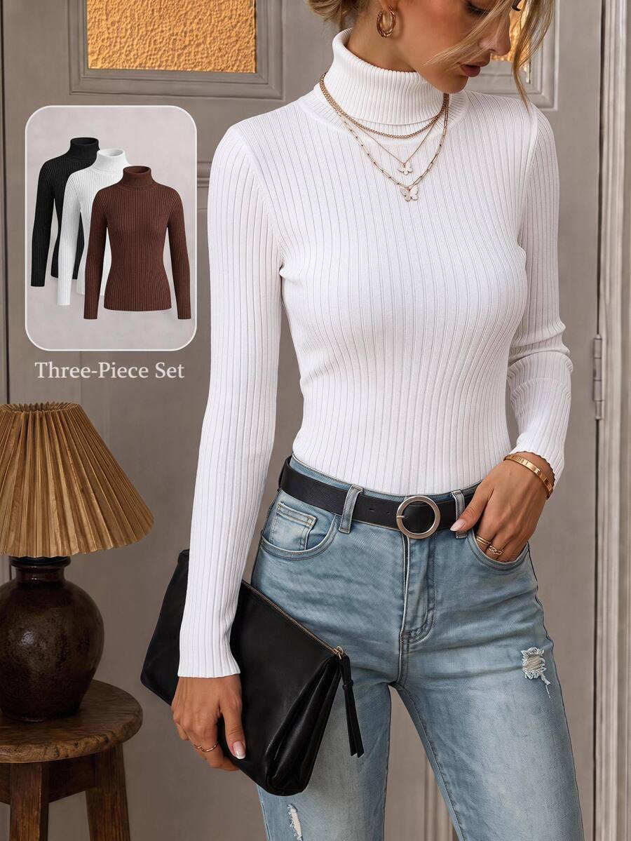 SHEIN LUNE Women Solid Color Turtleneck Long Sleeve Casual Sweater,3pcs In Fall/Winter