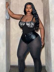 Veslaya Bodysuit Elegan & Pesta & Pertemuan & Kencan Seksi Tanpa Lengan Warna Hitam Polos dengan Leher V Dalam dan Hiasan Renda Transparan serta Sabuk Pinggang, Ukuran Plus, Musim Semi/Panas - Hitam - View 5
