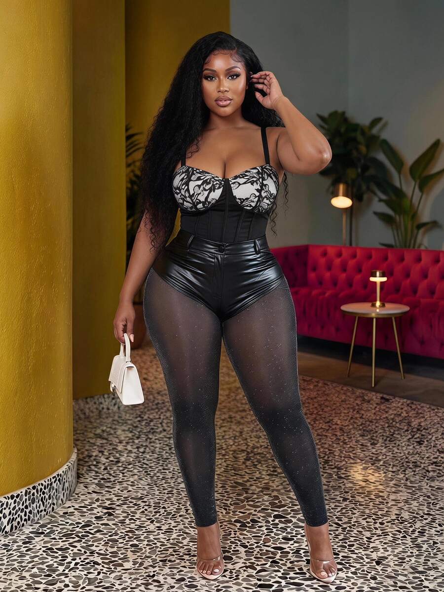 Veslaya Bodysuit Elegan & Pesta & Pertemuan & Kencan Seksi Tanpa Lengan Warna Hitam Polos dengan Leher V Dalam dan Hiasan Renda Transparan serta Sabuk Pinggang, Ukuran Plus, Musim Semi/Panas - Hitam - View 1