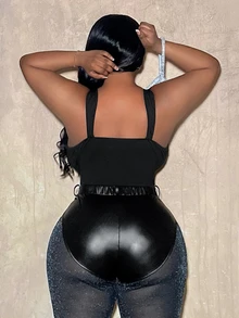 Veslaya Bodysuit Elegan & Pesta & Pertemuan & Kencan Seksi Tanpa Lengan Warna Hitam Polos dengan Leher V Dalam dan Hiasan Renda Transparan serta Sabuk Pinggang, Ukuran Plus, Musim Semi/Panas - Hitam - View 2