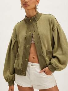 Bohemela Women's Solid Color Drop Shoulder Long Sleeve Single-Breasted Casual Regular Fit Jacket - Green - View 3
