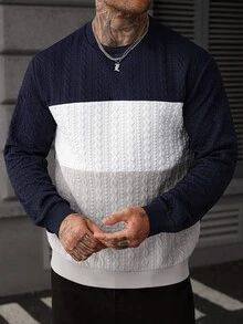 EGENSIO Men's Colorblock Crew Neck Long Sleeve Casual Versatile Pullover Sweatshirt - Navy Blue - View 3
