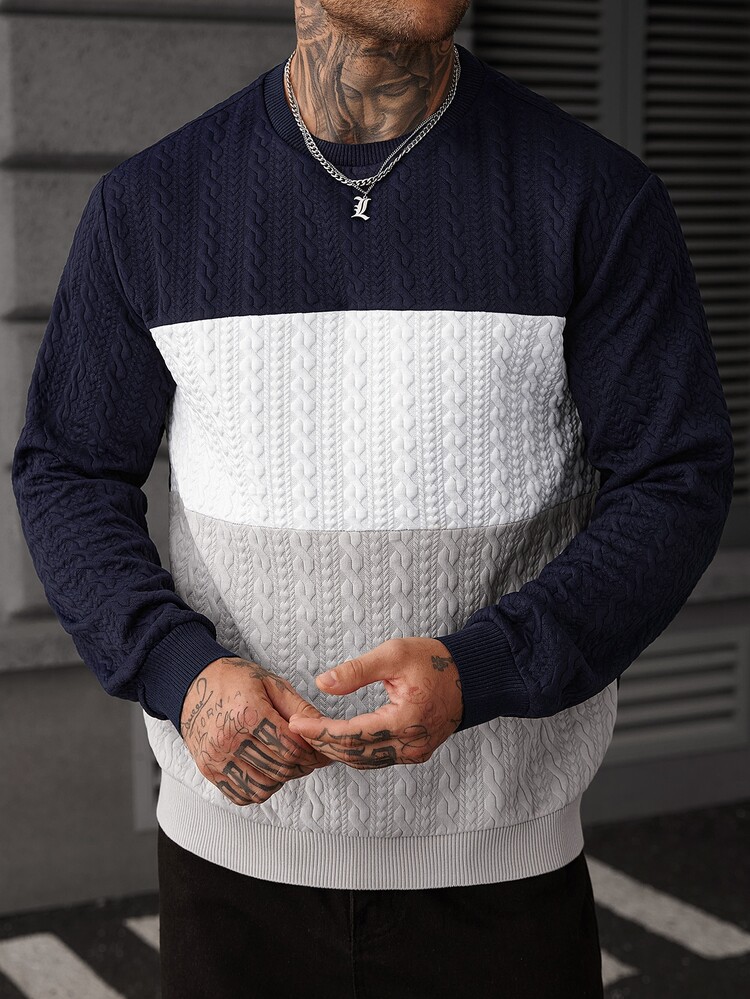 EGENSIO Men's Colorblock Crew Neck Long Sleeve Casual Versatile Pullover Sweatshirt - Navy Blue - View 3