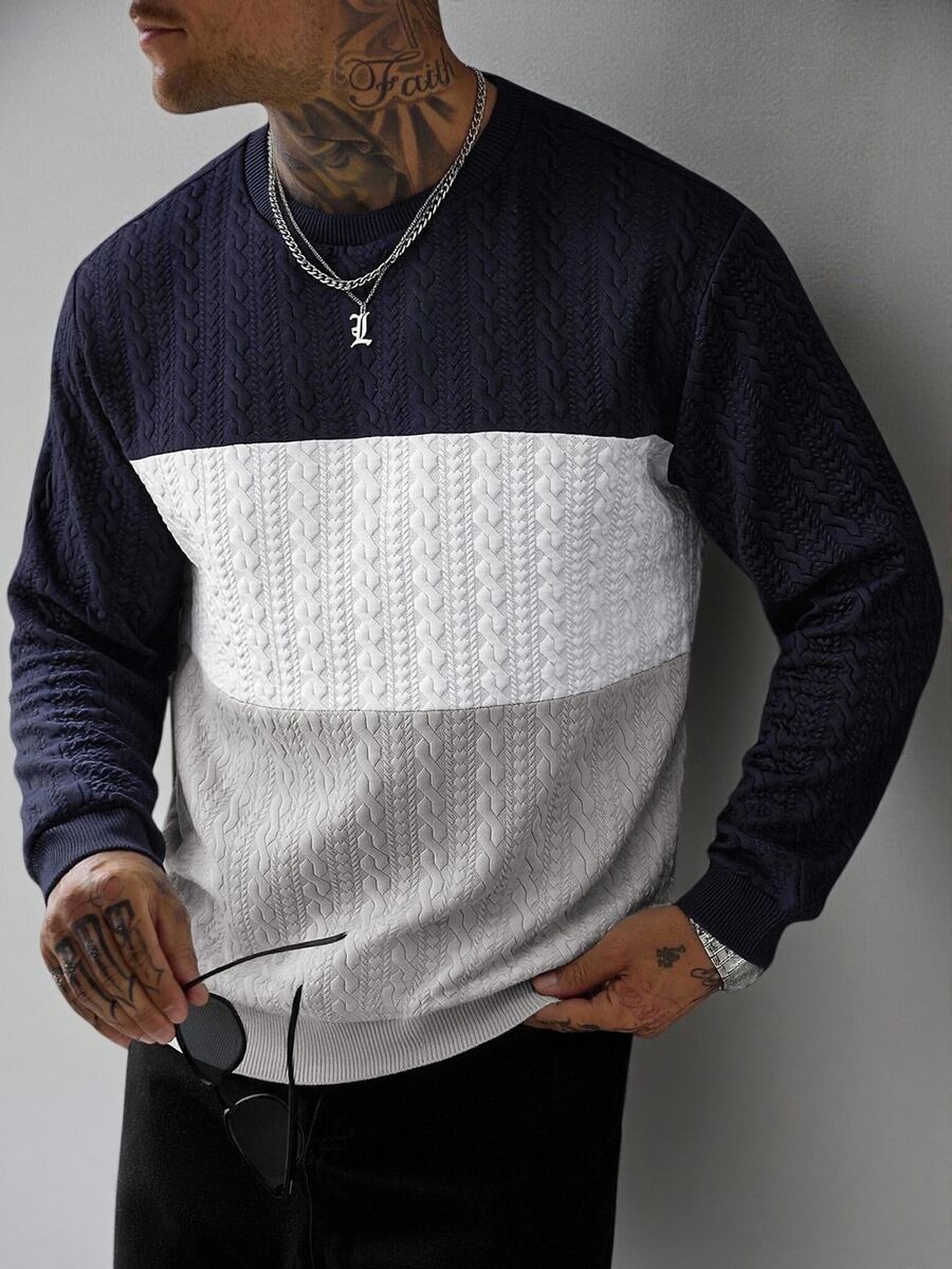 EGENSIO Men's Colorblock Crew Neck Long Sleeve Casual Versatile Pullover Sweatshirt - Navy Blue - View 1