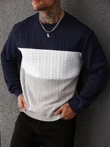 EGENSIO Men's Colorblock Crew Neck Long Sleeve Casual Versatile Pullover Sweatshirt - Navy Blue - View 4