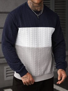 EGENSIO Men's Colorblock Crew Neck Long Sleeve Casual Versatile Pullover Sweatshirt - Navy Blue - View 6