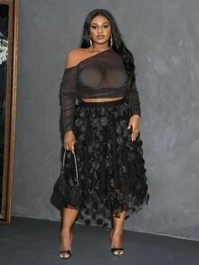 Veslaya Black Street Polka Dot Mesh Contrast A Line Plus Size - Black - View 6
