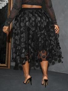 Veslaya Black Street Polka Dot Mesh Contrast A Line Plus Size - Black - View 2