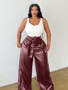 Slaydiva Celana Panjang Wanita Ukuran Besar Pinggang Tinggi Kaki Lebar dengan Saku dan Sabuk, Gaya Elegan & Pesta & Kasual, Warna Polos, Musim Semi, Gugur, Musim Dingin - Burgundy - View 3