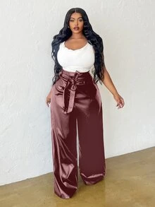 Slaydiva Celana Panjang Wanita Ukuran Besar Pinggang Tinggi Kaki Lebar dengan Saku dan Sabuk, Gaya Elegan & Pesta & Kasual, Warna Polos, Musim Semi, Gugur, Musim Dingin - Burgundy - View 4