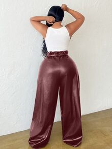 Slaydiva Celana Panjang Wanita Ukuran Besar Pinggang Tinggi Kaki Lebar dengan Saku dan Sabuk, Gaya Elegan & Pesta & Kasual, Warna Polos, Musim Semi, Gugur, Musim Dingin - Burgundy - View 2