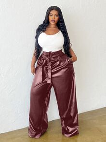 Slaydiva Celana Panjang Wanita Ukuran Besar Pinggang Tinggi Kaki Lebar dengan Saku dan Sabuk, Gaya Elegan & Pesta & Kasual, Warna Polos, Musim Semi, Gugur, Musim Dingin - Burgundy - View 6