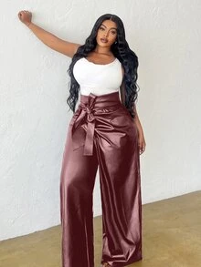 Slaydiva Celana Panjang Wanita Ukuran Besar Pinggang Tinggi Kaki Lebar dengan Saku dan Sabuk, Gaya Elegan & Pesta & Kasual, Warna Polos, Musim Semi, Gugur, Musim Dingin - Burgundy - View 5