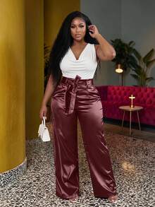 Slaydiva Celana Panjang Wanita Ukuran Besar Pinggang Tinggi Kaki Lebar dengan Saku dan Sabuk, Gaya Elegan & Pesta & Kasual, Warna Polos, Musim Semi, Gugur, Musim Dingin - Burgundy - View 1