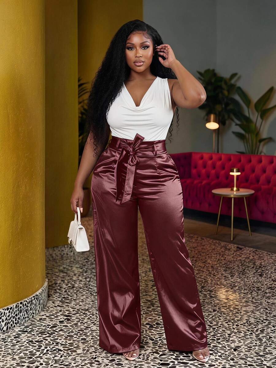 Slaydiva Celana Panjang Wanita Ukuran Besar Pinggang Tinggi Kaki Lebar dengan Saku dan Sabuk, Gaya Elegan & Pesta & Kasual, Warna Polos, Musim Semi, Gugur, Musim Dingin - Burgundy - View 1