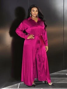 Veslaya Plus Size Elegant Long Sleeve Satin Jumpsuit In Burgundy, For Business/Office Wear - Burgundy - View 4