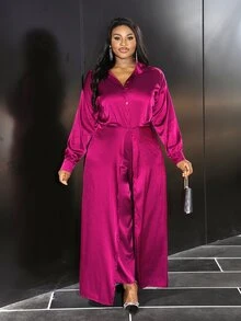 Veslaya Plus Size Elegant Long Sleeve Satin Jumpsuit In Burgundy, For Business/Office Wear - Burgundy - View 3
