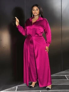 Veslaya Plus Size Elegant Long Sleeve Satin Jumpsuit In Burgundy, For Business/Office Wear - Burgundy - View 5