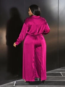 Veslaya Plus Size Elegant Long Sleeve Satin Jumpsuit In Burgundy, For Business/Office Wear - Burgundy - View 2